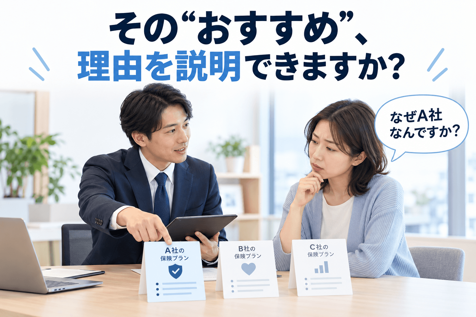 A社・B社・C社の商品を前に、おすすめの理由を尋ねる顧客と担当者(AI生成イメージ)