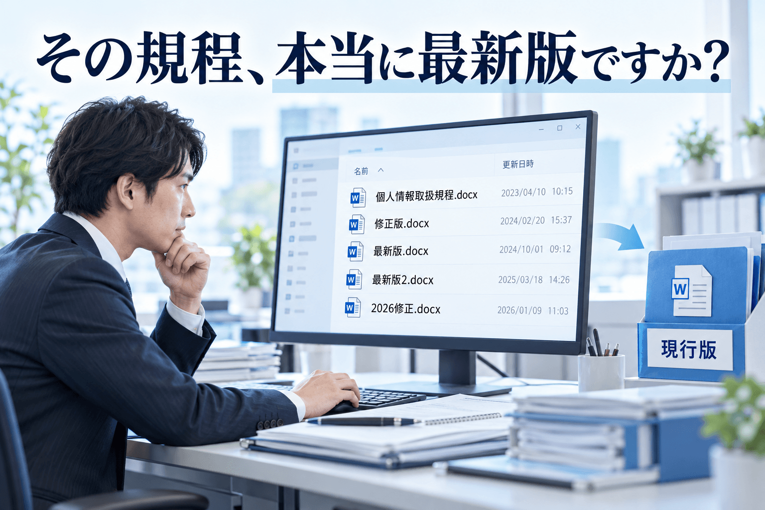 似た名前の規程ファイルから現行版を探す場面(AI生成イメージ)