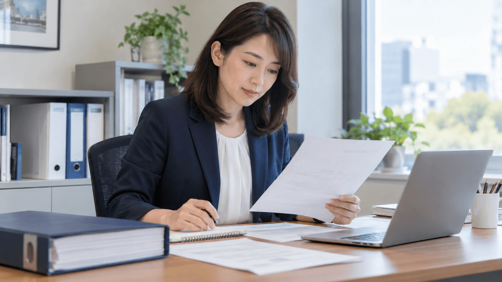 自己点検の案内と手元の資料を見比べる場面(AI生成イメージ)