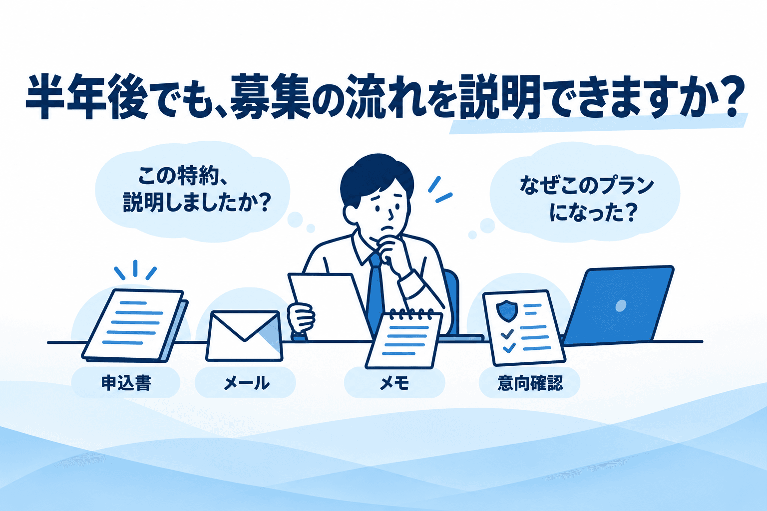 申込書・メール・メモ・意向確認を見比べ、過去の募集の経緯を確認する