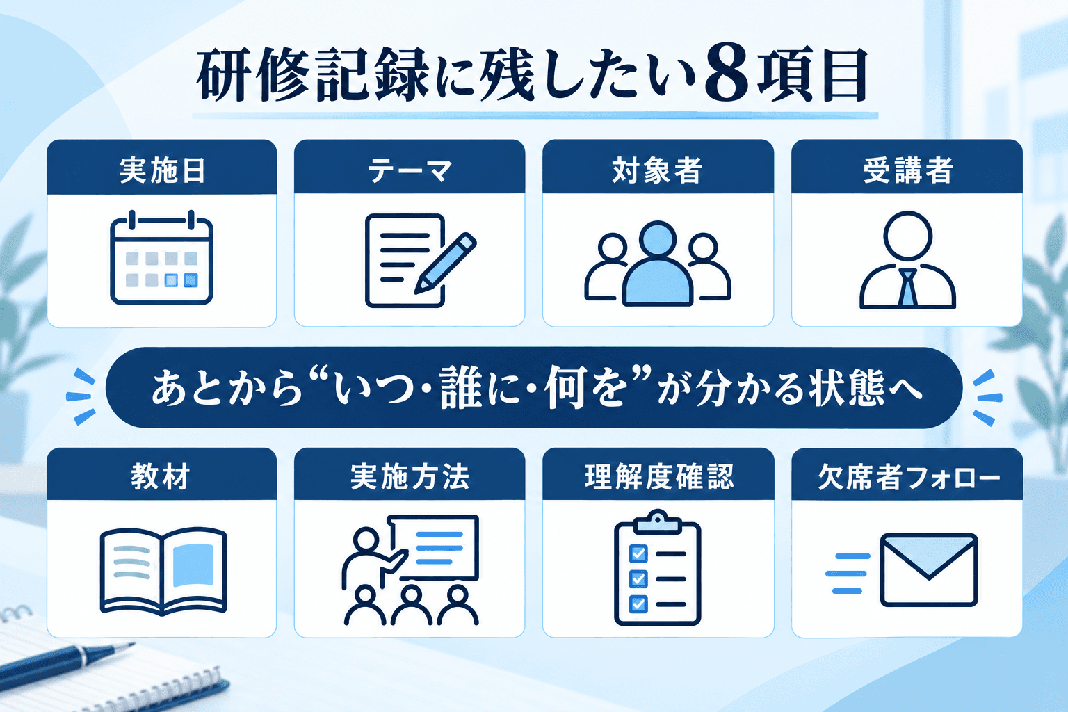 研修記録に残したい8項目:実施日、テーマ、対象者、受講者、教材、実施方法、理解度確認、欠席者フォロー