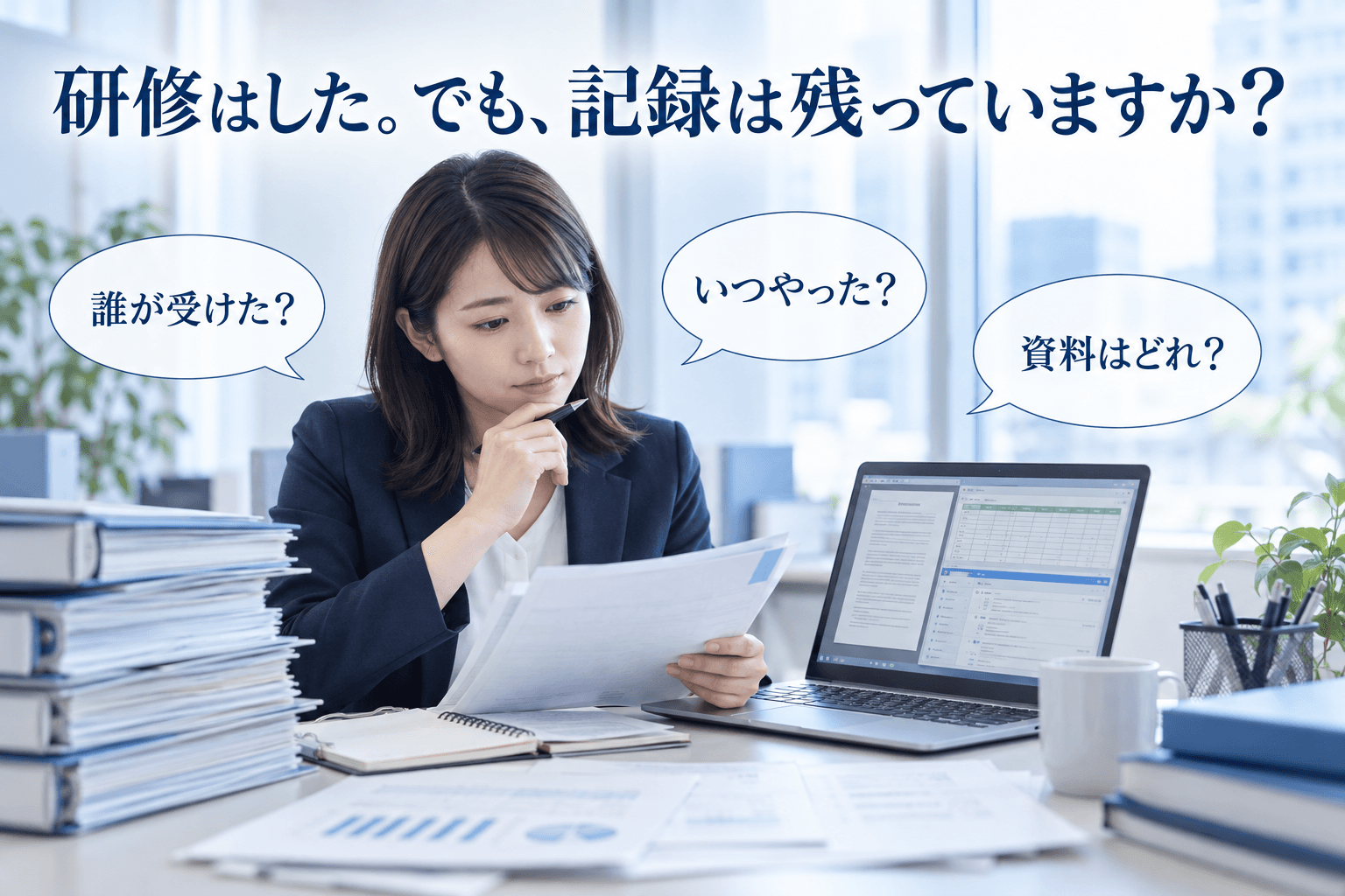 研修の実施日・受講者・使用資料を探す場面(AI生成イメージ)