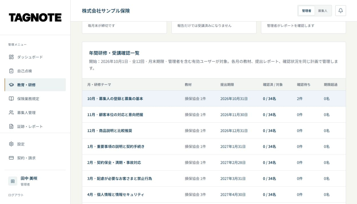 TAGNOTEの実画面:年間研修・受講確認一覧(デモ環境・会社名や氏名、数値はサンプル)